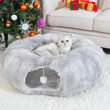 Cat Tunnel Bed for Indoor Cats, Collapsible Donut Tunnels, Washable Cushion