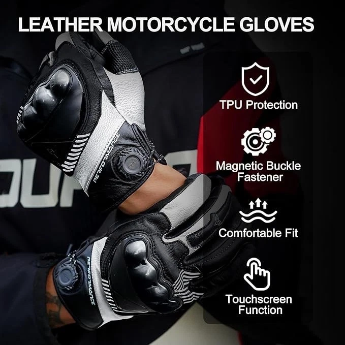 Guantes de cuero para moto hombre/mujer, guantes de montar con cierres magnéticos/L Foto 2 de 4