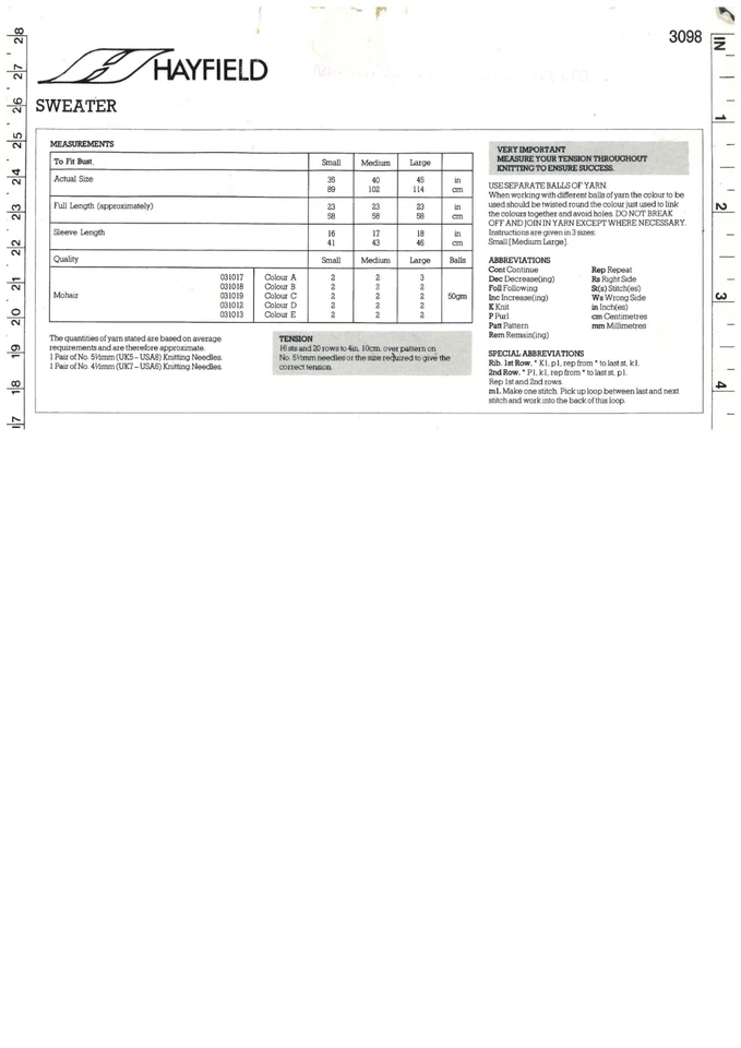 Hayfield Knitting Pattern Copy 3098 – 1980s Mohair Sweater – Pastel Colour Block - Image 2 of 3