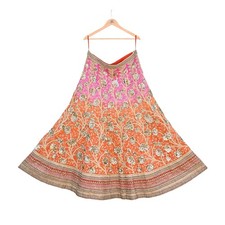 Indian Vintage Orange Pink Raw Silk Hand Embroidered Skirt Bridal Party Wear
