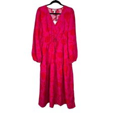 Kate Spade X Target Maxi Dress Women's M Pink Red Linen Classic Rose Tiered Boho