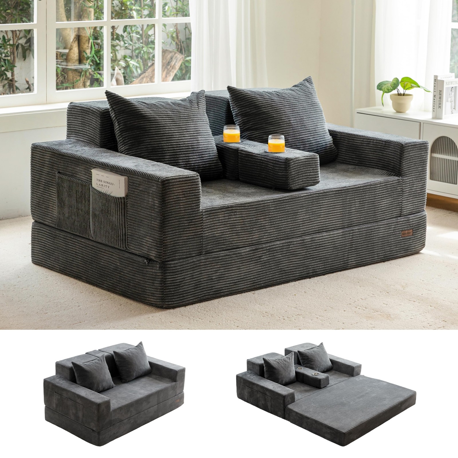 64 Inch Foldable Floor Sofa Bed Double with Storage Box 2 Cup Holders