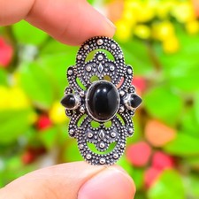 Natural Black Onyx Gemstone Handmade 925 Sterling Silver Ring Size 9 q465