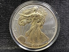 USA, Silver (.999), 2005 1oz Eagle Dollar, Gold Plated, With COA, Some Toning