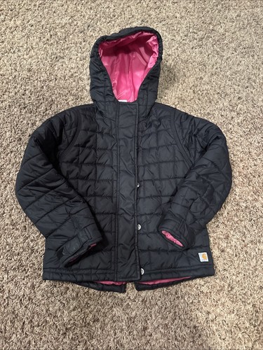 Carhartt Girls Puffer Hoodie Jacket S Black SnapButton Zip Long Sleeve - Picture 1 of 8