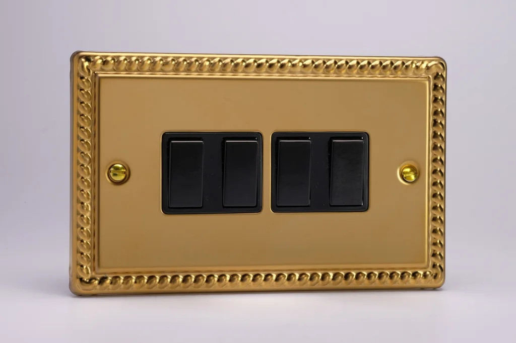 Switch Brass Quad Light 10A 4-Gang 2-Way Classic Georgian + Black Insert