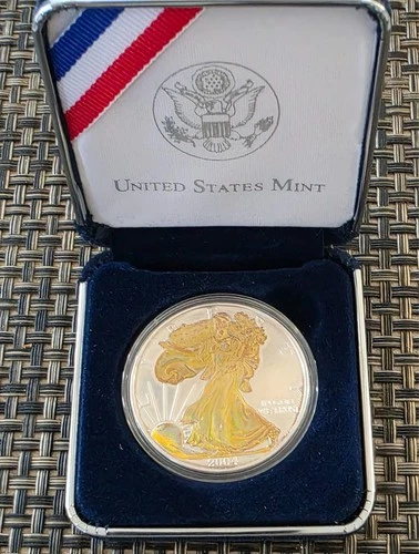 2004 Silver American Eagle Coin Proof BU 1 Oz 24K gold gilded Uncirculated box