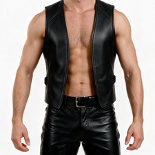 Men's Black Leather Open Front Bar Vest Bartender Sleeveless Waistcoat