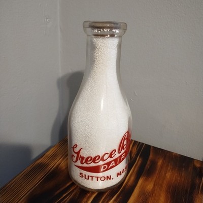 Milk Bottle Greece Bros Dairy Farm Sutton MA GREAT FARMER PICTURE COW BARN