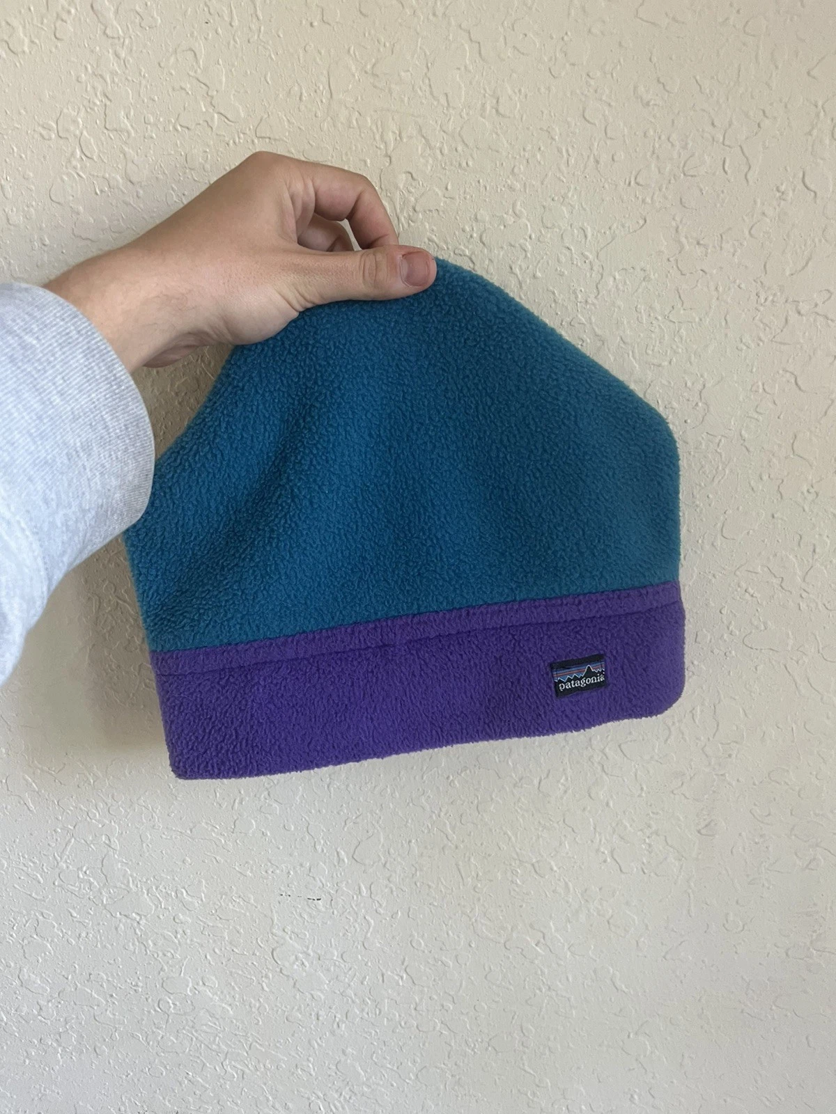 VTG 90s Patagonia Fleece Beanie Two Color Block Teal Purple Ski Cap Hat Sz L