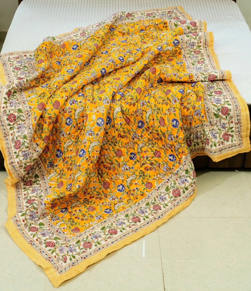 Colcha india jaipuri edredón hecha a mano algodón amarillo floral tamaño king Foto 3 de 4