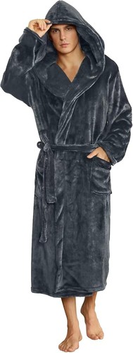 Mens Hooded Robe, Plush Robes for Men Long Fleece Bathrobe  - Picture 1 of 15