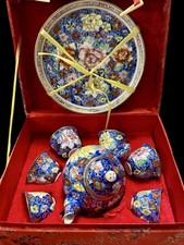 Vintage Miniature Chinese Handpainted Porcelain Tea Set In Red Silk Box