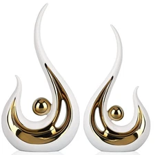DOVDOV Ceramic Abstract Statue Set of 2, White and Gold Decoration, for Livin...