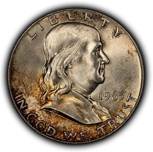 1963-D 50c Franklin Silver Half Dollar - Colorful Toning - UNC - SKU-H3835