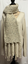 Thick Tan Wool Blend Hand Knitted Scarf With Tassles