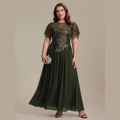 Round Neck Plus Size Sequin Dress Floor Length Chiffon ALine Mother of the Bride