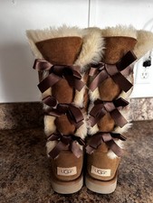 Women's UGG BAILEY BOW TRIPLET II Tall Suede Sheepskin Boots Chestnut Size 7