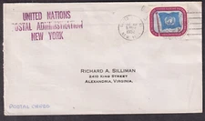 1952 cover United Nations Postal Administration NY to Alexandria VA