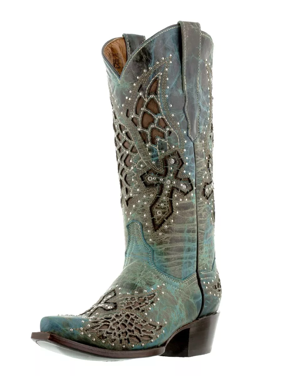 Womens Angel Wings Cross Leather Cowboy Boots Turquoise Studded Snip Toe