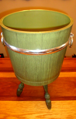 Vintage MCM MAX KLEIN Tri 3-Leg Barrel PLANT POT STAND Green Plasitc Decor   Box