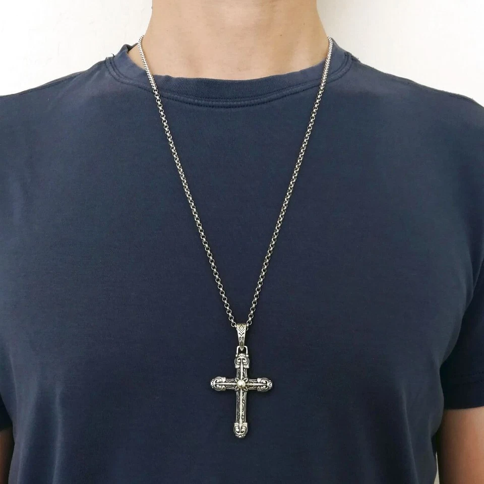 Thick Solid Shiny 925 Sterling Silver Ornate Scroll Cross Pendant Double Sided - Image 2 of 4