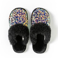 Womens Sequins Fluffy Slippers Closed Toe Fashion Home Indoor Warm Slippers