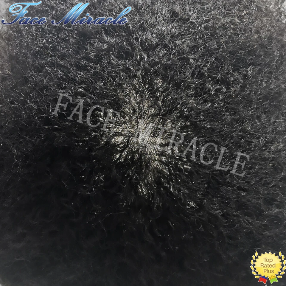 Afro Toupee para Hombres Negros Todo Poli Para Hombres Toupee Sistema de Cabello Humano Pelo Rizado Foto 2 de 4