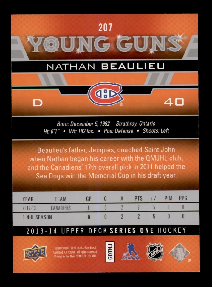 2013-14 UPPER DECK #207 NATHAN BEAULIEU YOUNG GUNS ROOKIE RC MONTREAL CANDIENS - Image 2 of 2