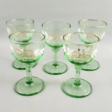 Vintage ART DECO Green Optic Hand Painted Enamel Pink Flower CORDIAL GLASS SET