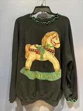 3X Vintage 1970’s Christmas Sweatshirt, Black, Rocking Horse, Bells, Distressed
