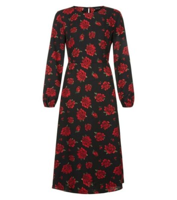 NEW LOOK Black Floral Print Long Sleeve Midi Dress SIZE-12 | eBay