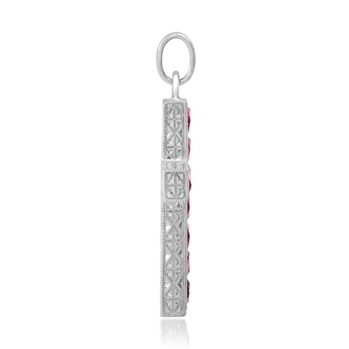 Ruby Diamond Cross Pendant Necklace Platinum Art Deco Natural 1.00 CTW Handmade - Picture 3 of 5