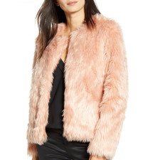 Chelsea28 Women's Faux Fur Open Front Long Sleeve Jacket Collarless Pink Size L