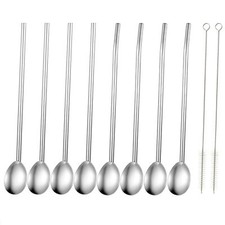 8Pcs Stainless Steel Straws Spoon Drinking Spoon Reusable Metal Cocktail Spoon