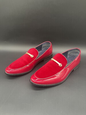 Alberto Fellini Red Dress Shoes Velvet Patent Faux Leather Loafers Men's 