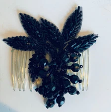 Vintage Black Jet Beaded Hair Comb 3 1/2 X 3 1/4