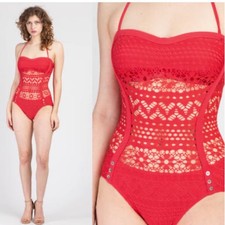 Robin Piccone Red Crochet Halter One Piece Swimsuit Sweetheart Neckline XS
