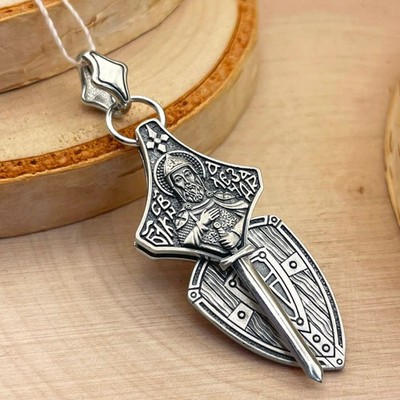 925 Sterling Silver Pendant Icon Holy Image of Alexander Nevsky, Symbol Chrism