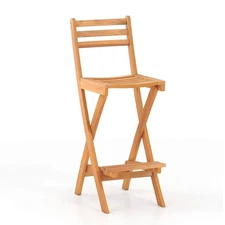 Outdoor Folding Bar Stools with Backrest Footrest Wooden Barstools, Natural