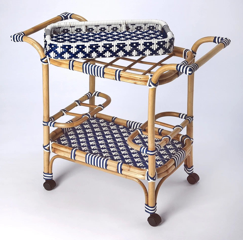 Serving Cart Kitchen Contemporary Blue Distressed Rattan Pe Plastic Weave - Image 2 of 4