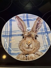 Pier 1 Imports HENRY BUNNY 8.75" Salad Plate Rabbit Ears Up Blue Plaid Easter