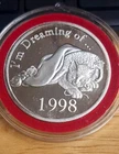 1 oz. Fine Silver Round Christmas 1998 Cat In Blanket Wreath On Back Side