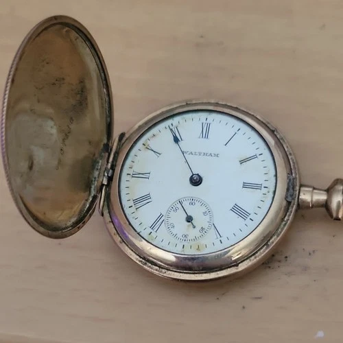 Waltham Yellow Gold Pocket Watch White Dial Roman Numerals Seconds Hand