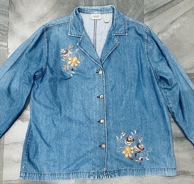 Women s Vintage Classic Elements Light Wash Denim Blazer Floral Embroidery 16-18