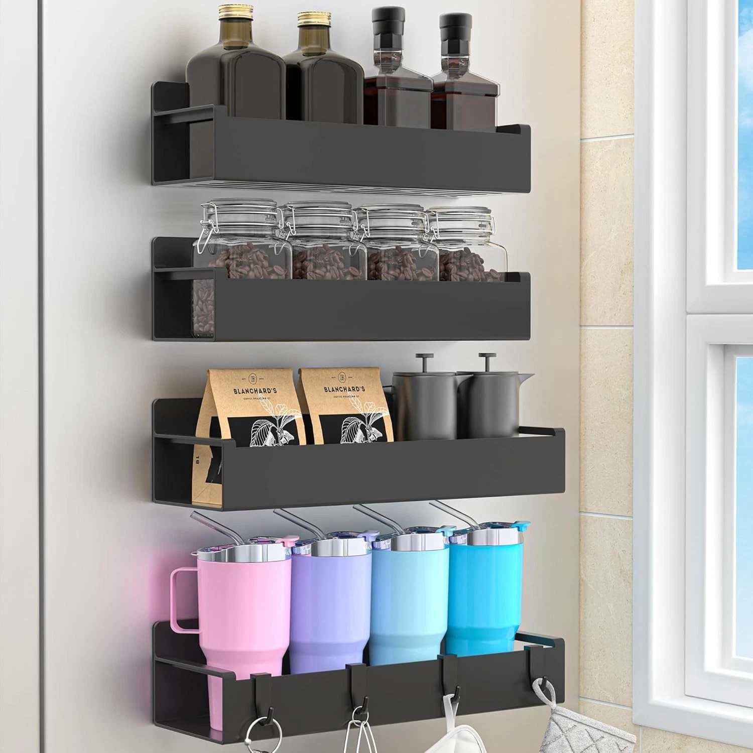 4 Pack Magnetic Spice Rack Organizer for Refrigerator and Oven, Black Fridge Org