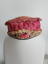 Vintage Child Hat Asian Pink Peony Bird Flowers Fine Embroidery