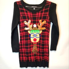 Ugly Christmas Sweater Dress Rudolph Reindeer Beaded Bells Holiday Dress S
