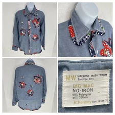 VTG Big Mac 70's Hand Embroidered Blue Chambray Shirt Size Medium* JC Penney