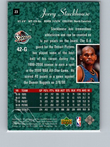 1999-00 SP Authentic #23 Jerry Stackhouse - Picture 2 of 2